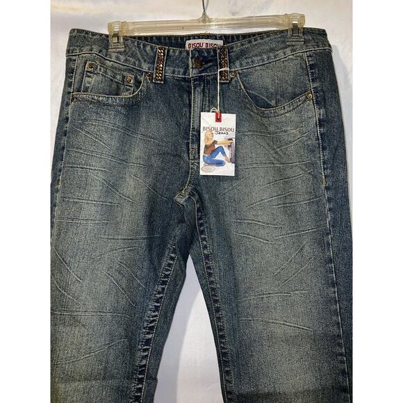 New BISOU BISOU Jeans Women's Size 16 Blue Rhinestone Gems Cuffed Leg Denim Jean - Picture 2 of 8